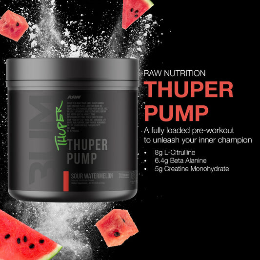 RAW Thuper Pump scoop beside the jar ready for precise pre-workout dosing