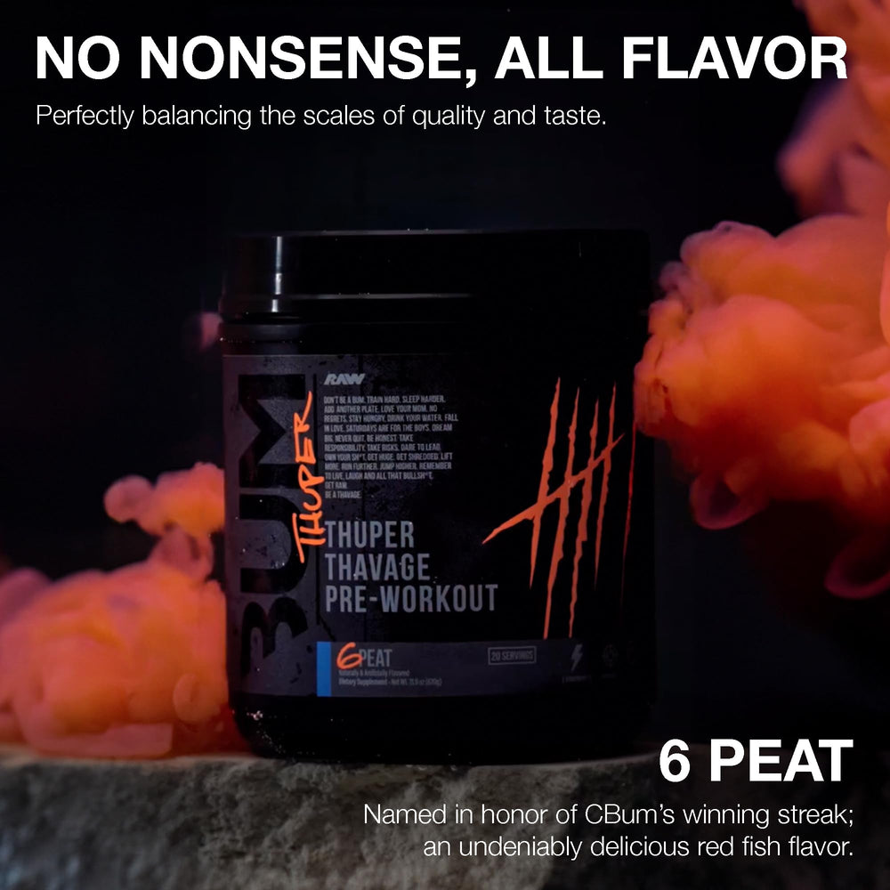 RAW Thuper Thavage 6 Peat serving scoop showing measured dose for reliable workouts.