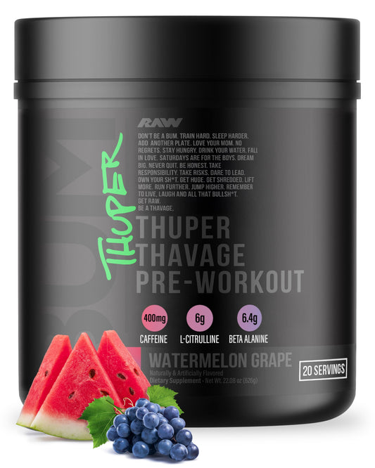 RAW Thuper Thavage bottle closeup highlighting high-stim formula for focused workouts.