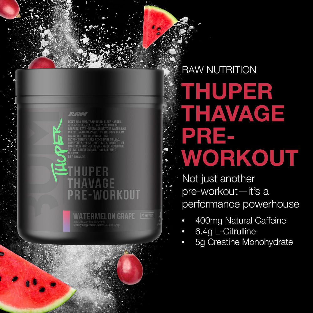 RAW Thuper Thavage tub scoop demonstrates precise serving for consistent workouts.
