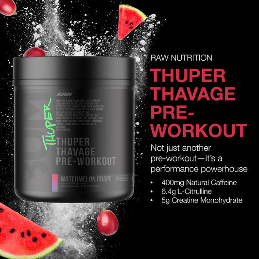 RAW Thuper Thavage tub scoop demonstrates precise serving for consistent workouts.
