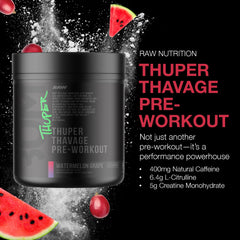 RAW Thuper Thavage tub scoop demonstrates precise serving for consistent workouts.