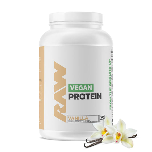 RAW Vanilla Vegan Protein tub shows 20g protein per serving for athletes.