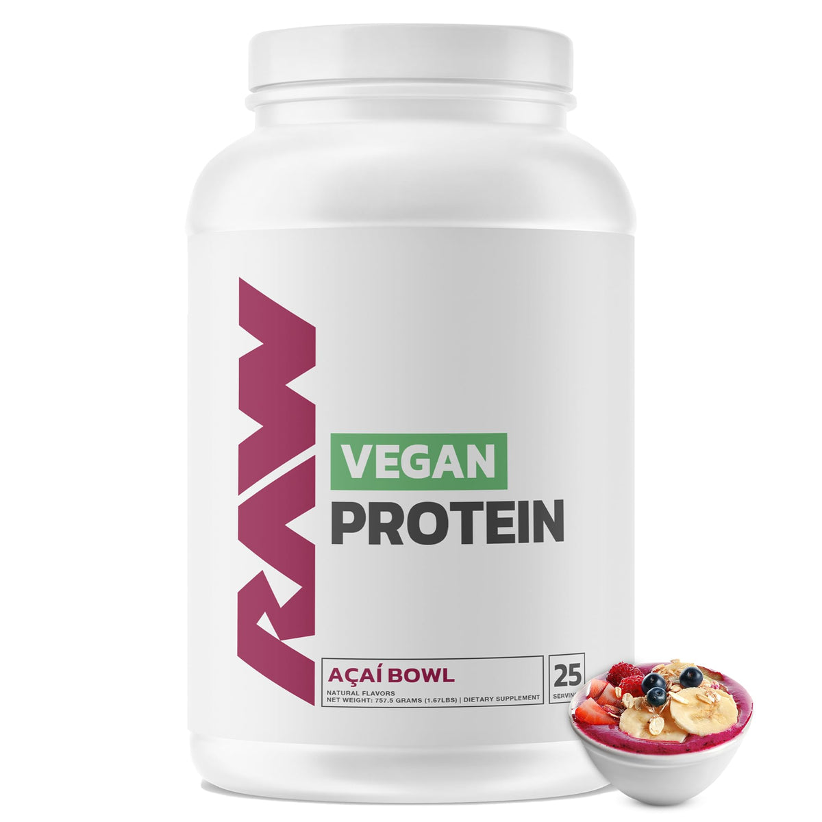 RAW Vegan Protein Powder Acai Bowl tub showcasing protein-packed plant-based nutrition