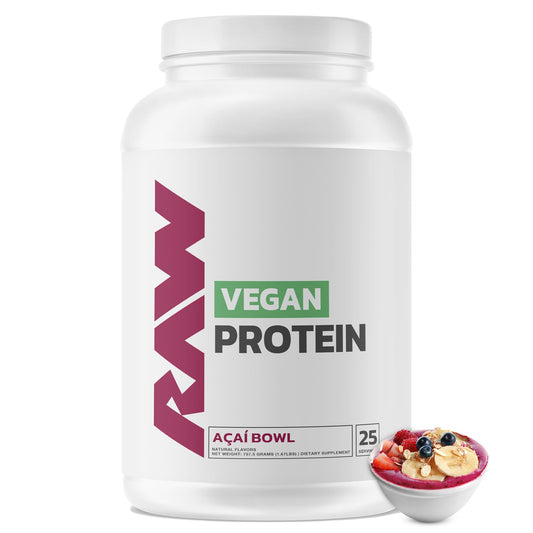 RAW Vegan Protein Powder Acai Bowl tub showcasing protein-packed plant-based nutrition
