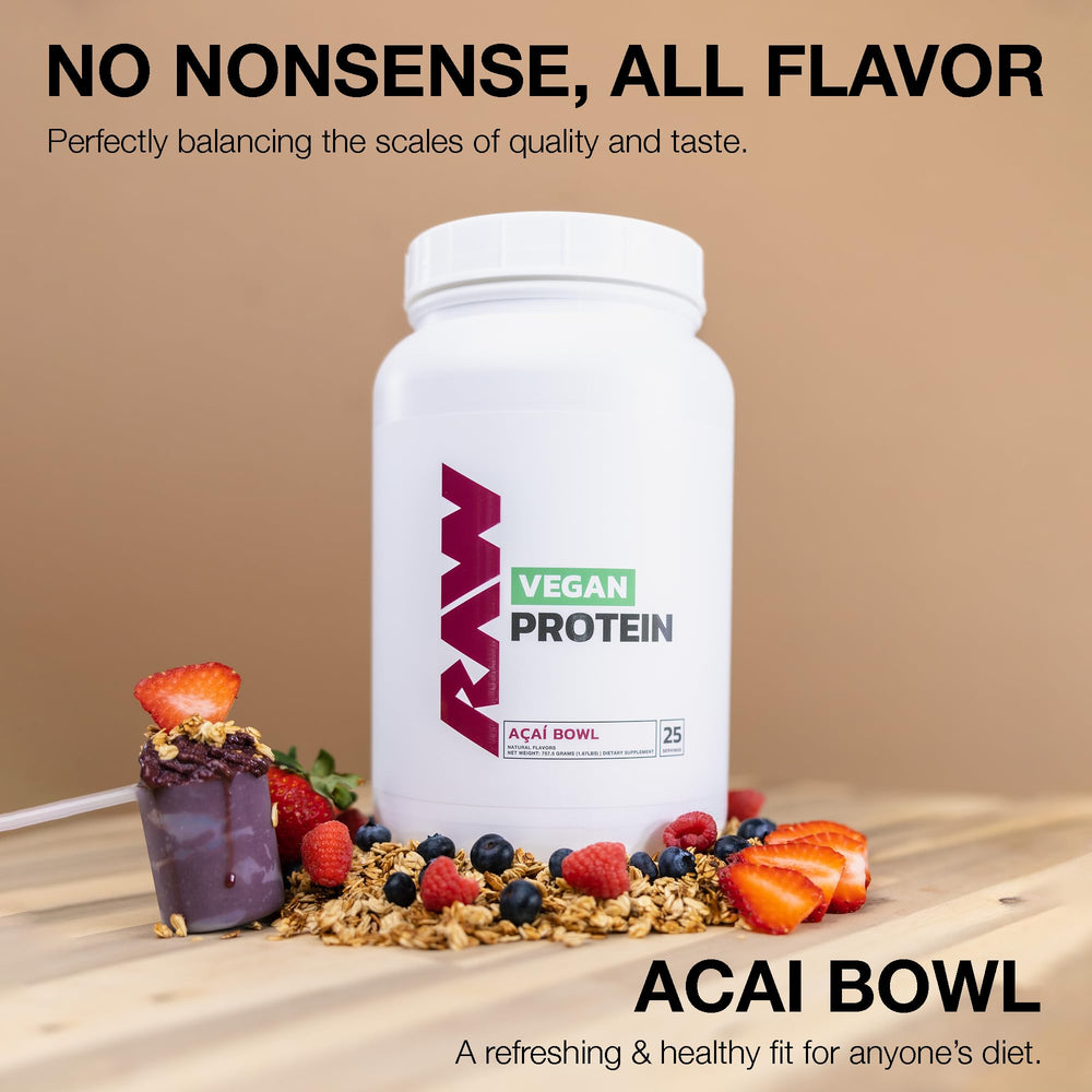 RAW Vegan Protein Powder bottle on shelf emphasizes a low-fat, low-carb option