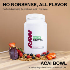 RAW Vegan Protein Powder bottle on shelf emphasizes a low-fat, low-carb option