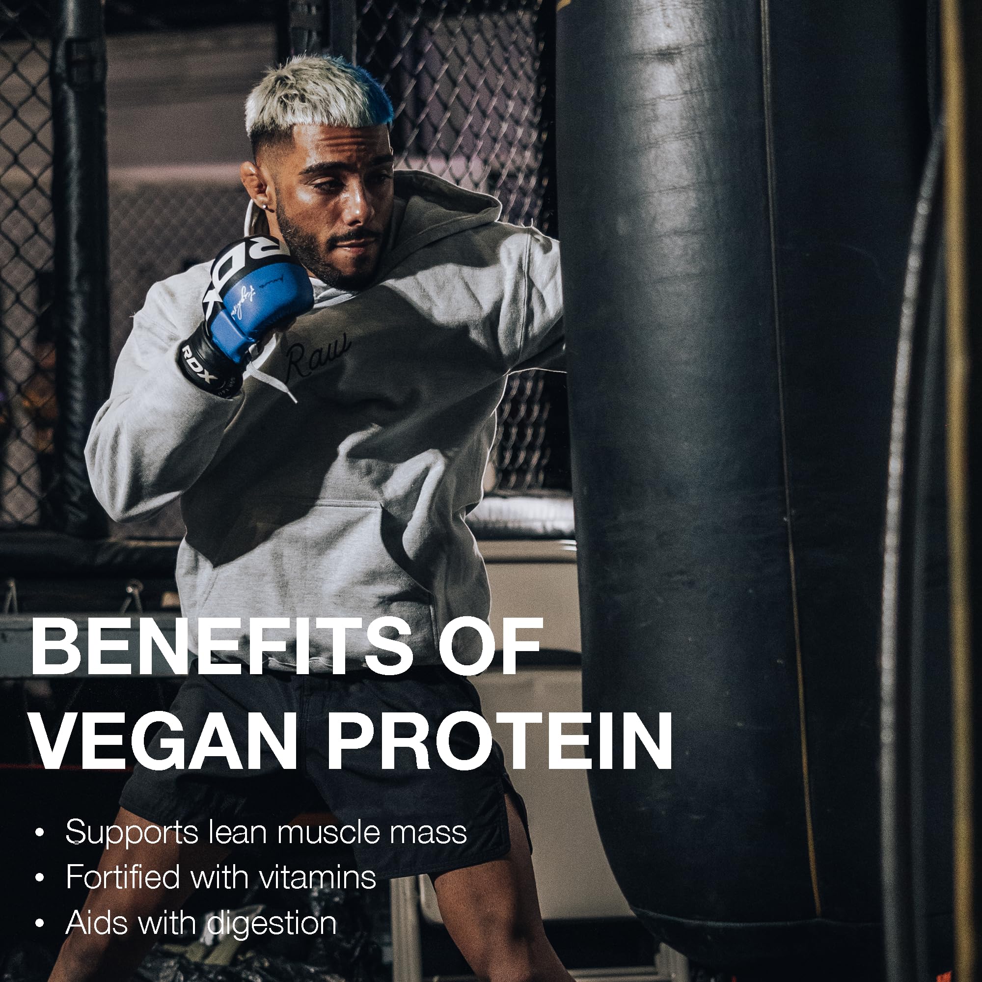 RAW Vegan Protein Powder label closeup highlights vitamin fortification