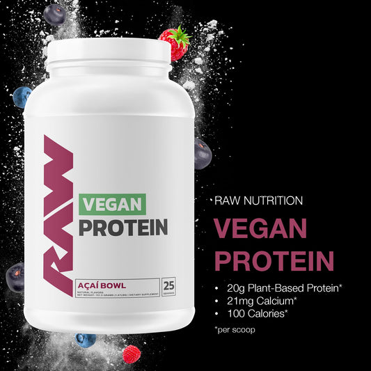 RAW Vegan Protein Powder scoop illustration highlights convenient serving for post-workout fueling