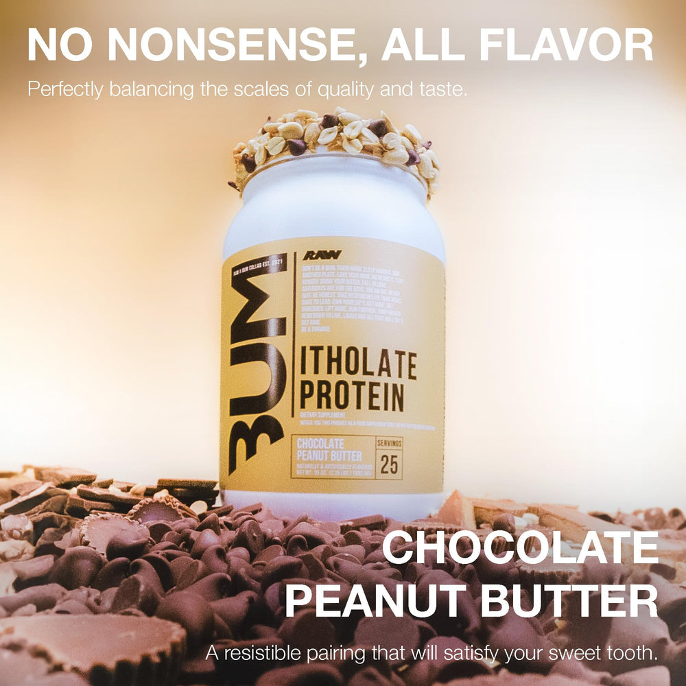 RAW Whey Isolate Chocolate Peanut Butter label close-up showing premium ingredients.