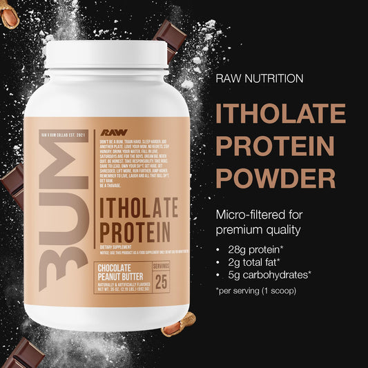 RAW Whey Isolate scoop beside tub highlighting convenient serving portions.