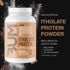 RAW Whey Isolate scoop beside tub highlighting convenient serving portions.