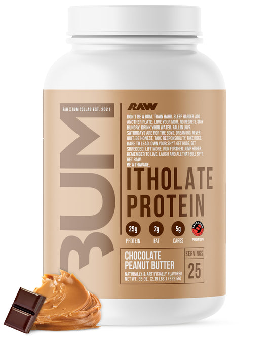RAW Whey Isolate Chocolate Peanut Butter tub for quick protein intake after workouts.