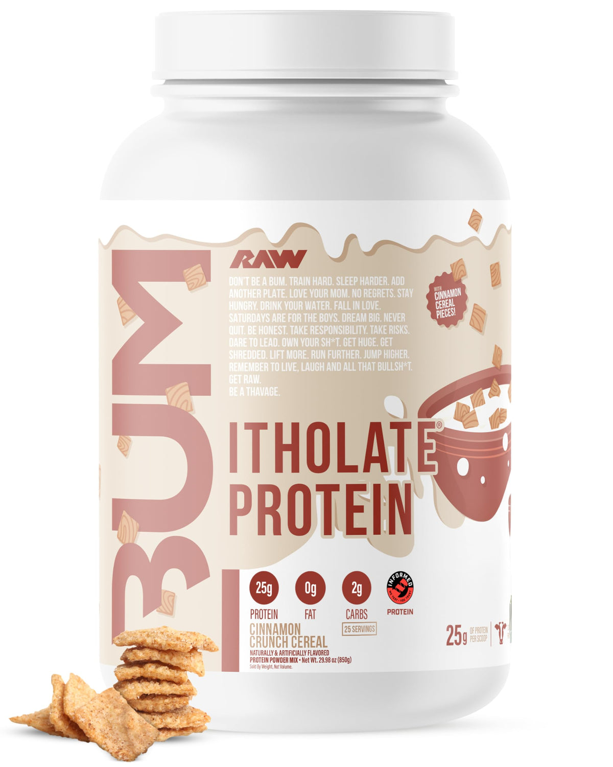RAW Itholate Protein Cinnamon Crunch bottle pour for quick post-workout protein