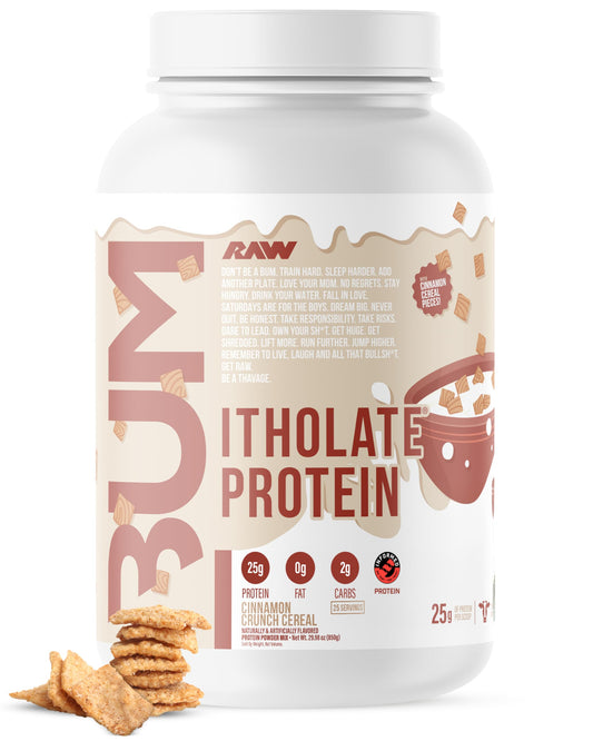 RAW Itholate Protein Cinnamon Crunch bottle pour for quick post-workout protein