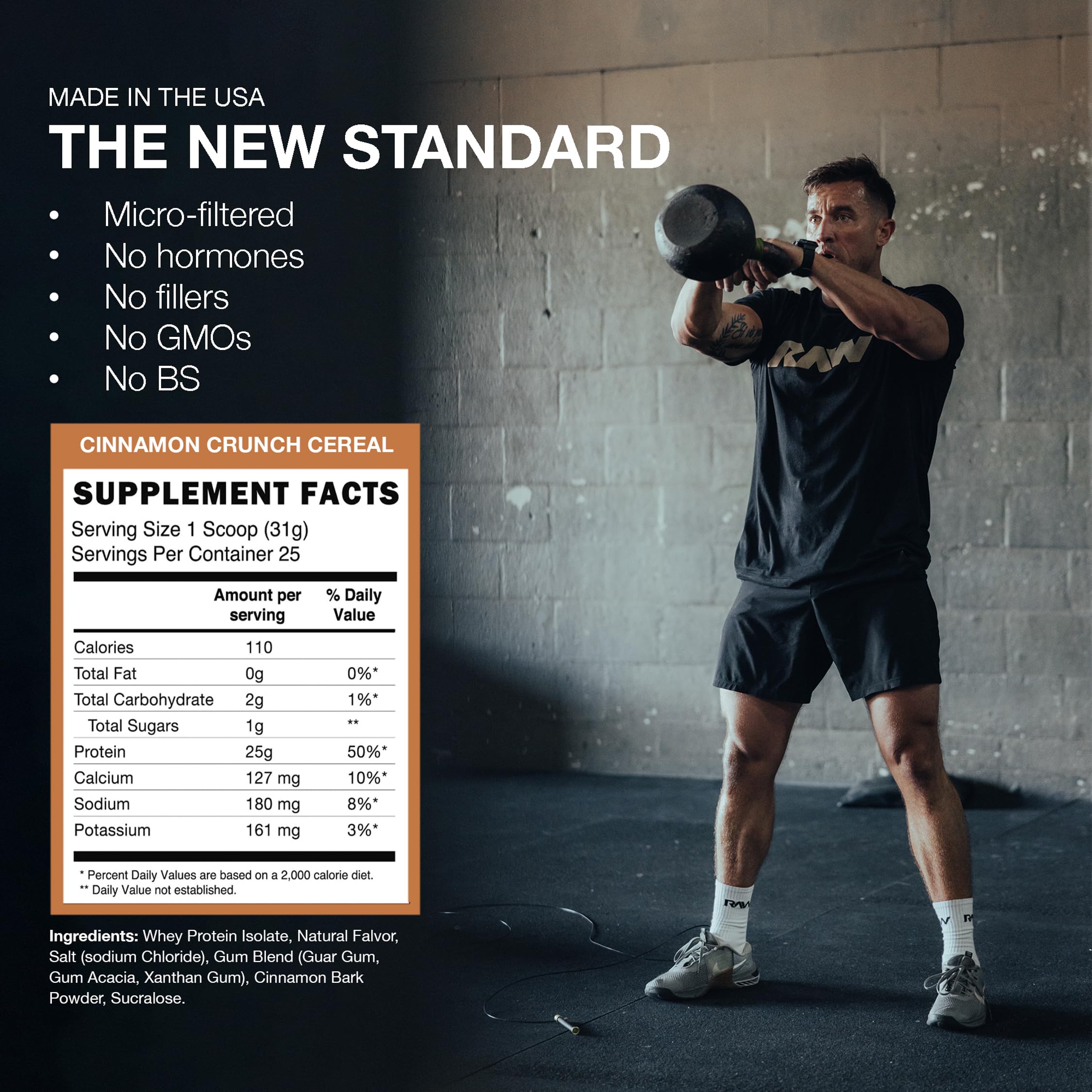 RAW Itholate Protein Cinnamon Crunch ingredients glass emphasizes purity