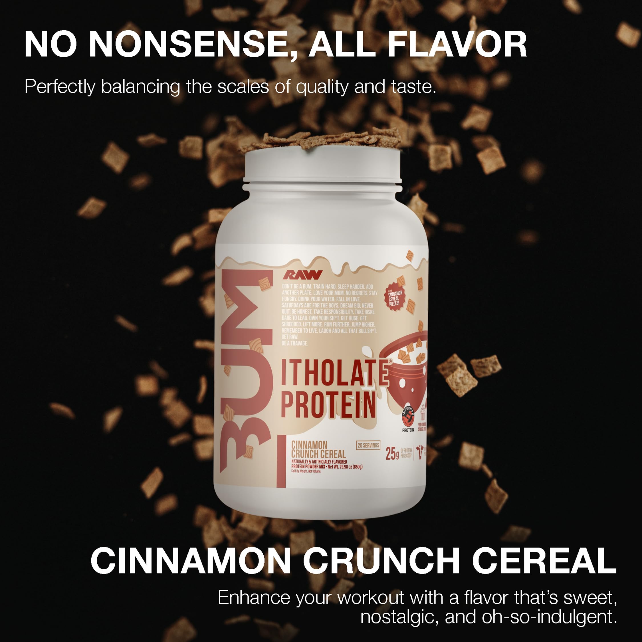 RAW Itholate Protein Cinnamon Crunch nutrition label highlights clean ingredients