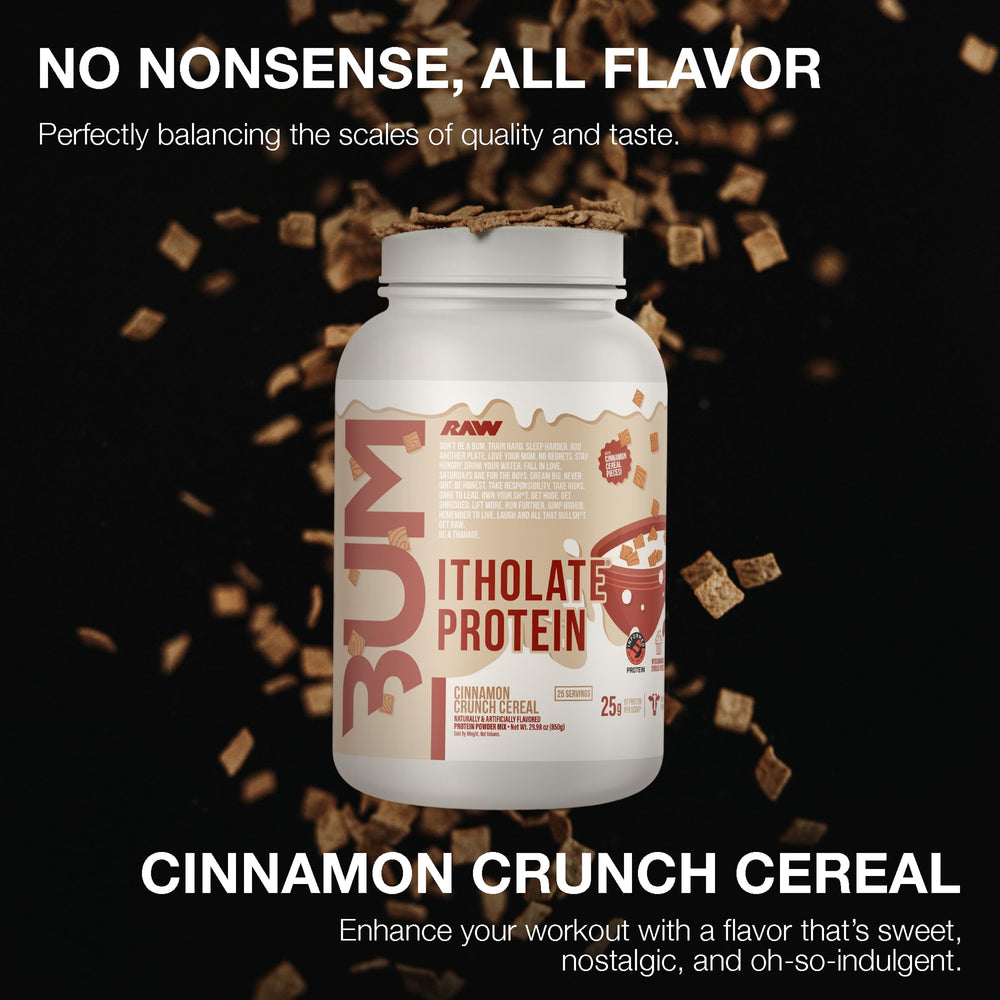 RAW Itholate Protein Cinnamon Crunch nutrition label highlights clean ingredients
