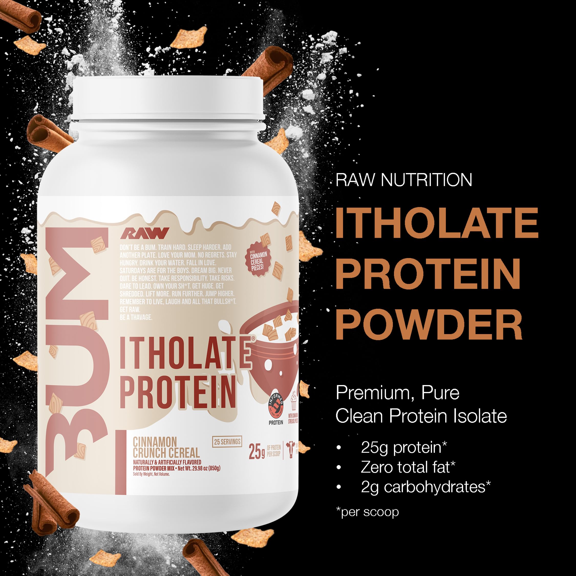 RAW Itholate Protein Cinnamon Crunch tub closeup showing premium powder