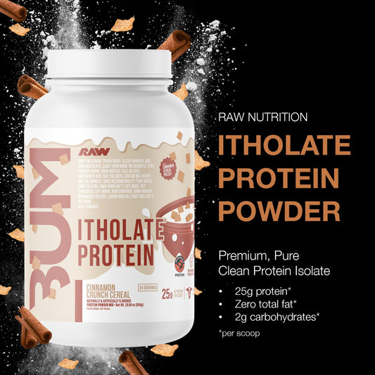 RAW Itholate Protein Cinnamon Crunch tub closeup showing premium powder