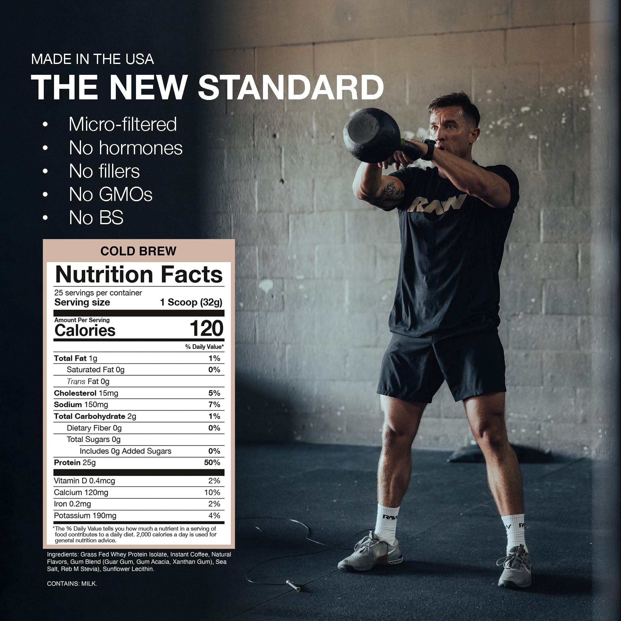 RAW Whey Isolate Cold Brew label showing clean ingredients and zero fillers