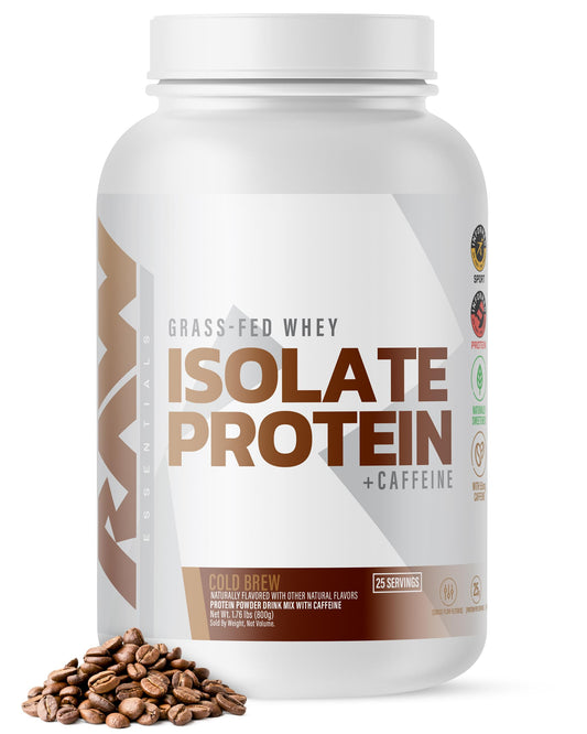 RAW Whey Isolate Cold Brew tub highlights whey protein isolate for lean muscle support