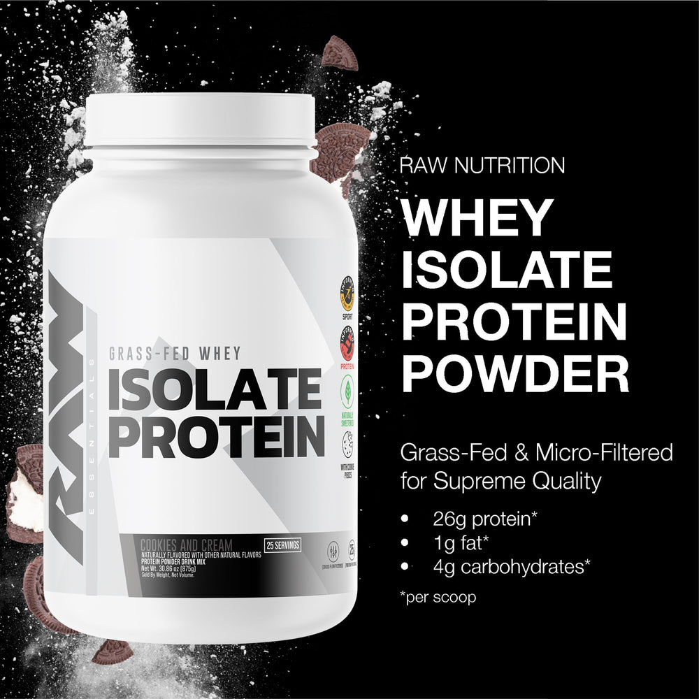 RAW whey isolate Cookies N Cream scoop beside shake for post-workout use