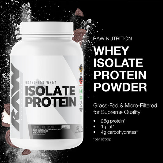 RAW whey isolate Cookies N Cream scoop beside shake for post-workout use