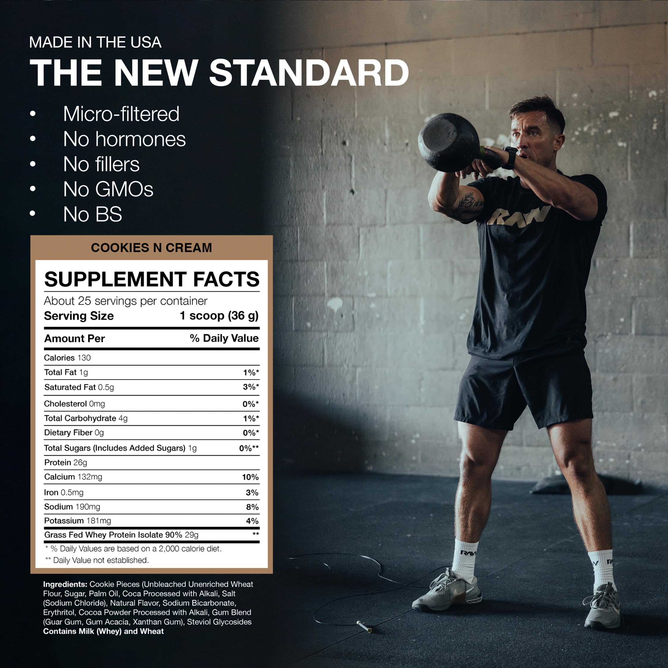RAW whey isolate Cookies N Cream tub back panel showing ingredients and info