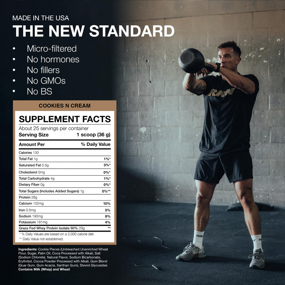 RAW whey isolate Cookies N Cream tub back panel showing ingredients and info