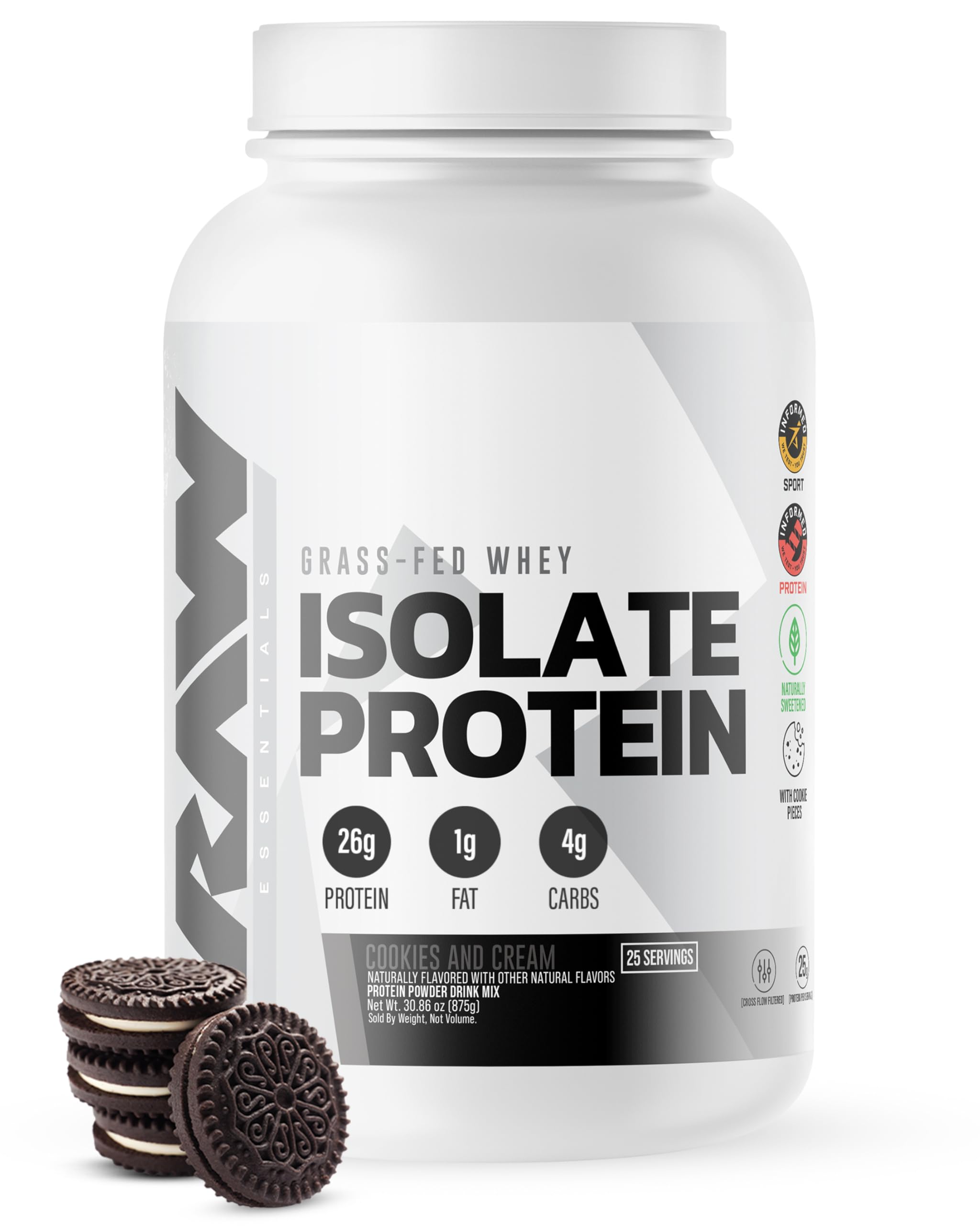 RAW whey isolate Cookies N Cream tub front view highlighting high-protein nutrition