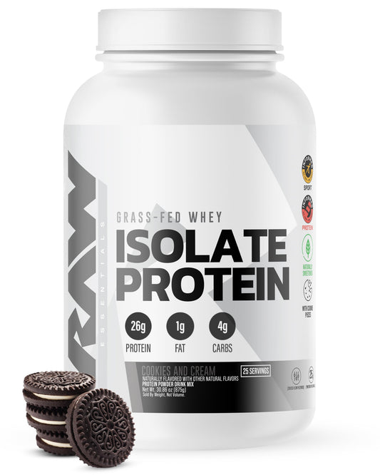 RAW whey isolate Cookies N Cream tub front view highlighting high-protein nutrition