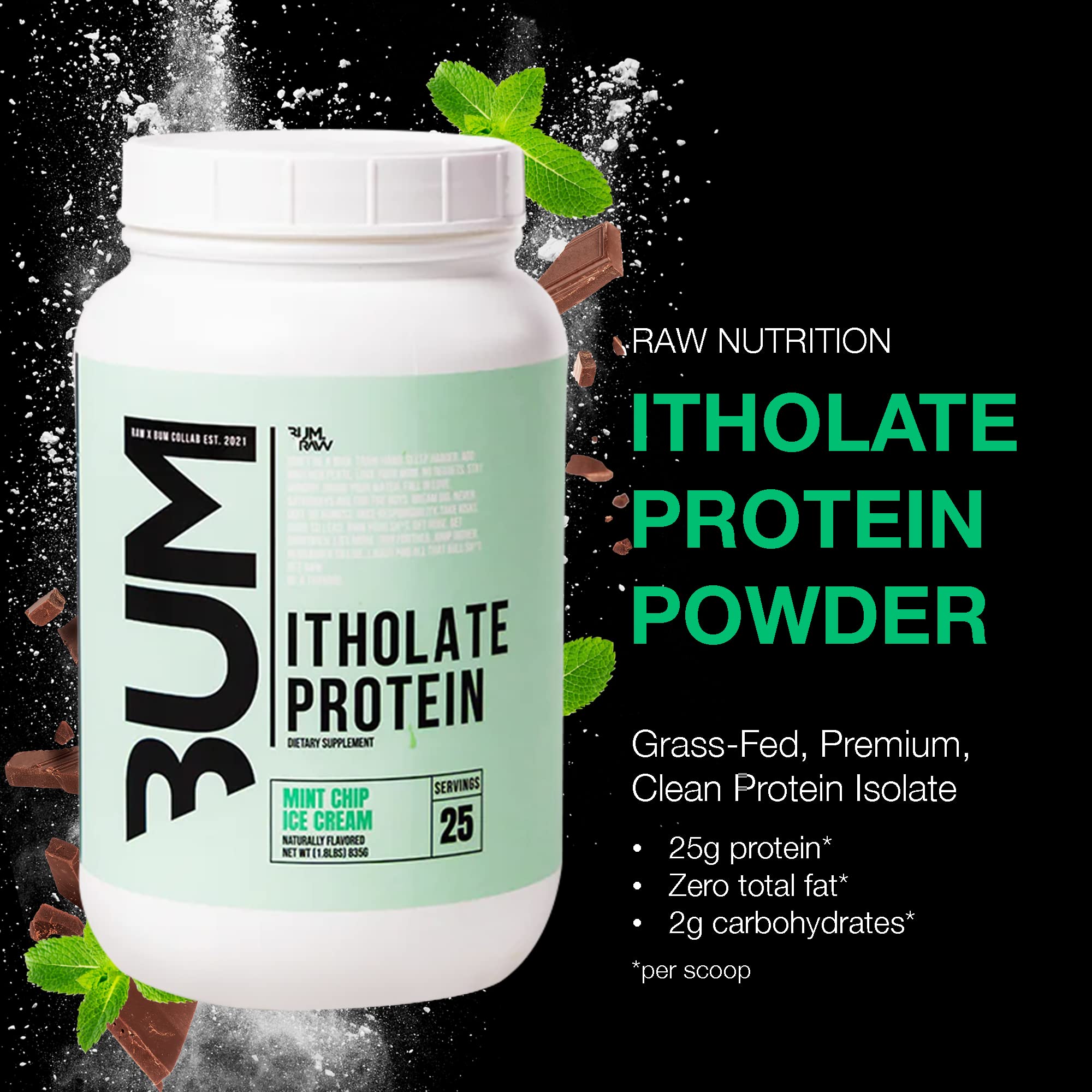 RAW Whey Isolate Mint Chip Ice Cream tub close-up shows clean formula for lean muscle support.