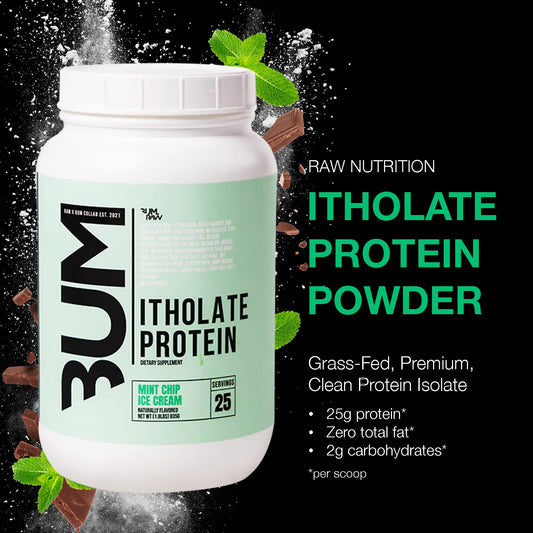 RAW Whey Isolate Mint Chip Ice Cream tub close-up shows clean formula for lean muscle support.