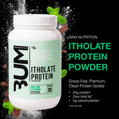 RAW Whey Isolate Mint Chip Ice Cream tub close-up shows clean formula for lean muscle support.