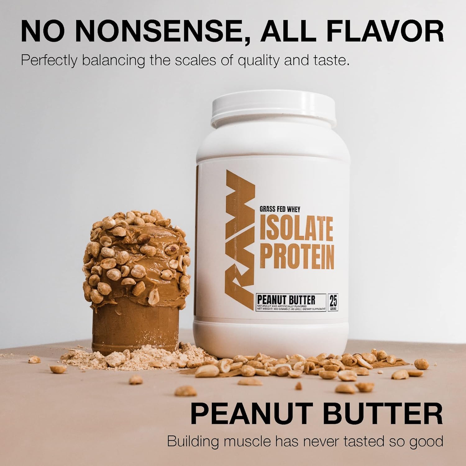 RAW Whey Isolate Peanut Butter ingredients panel highlights grass-fed micro-filtered protein.
