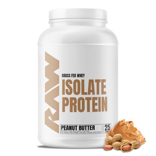 RAW Whey Isolate Peanut Butter powder tub showing high-protein flavor profile for meals.