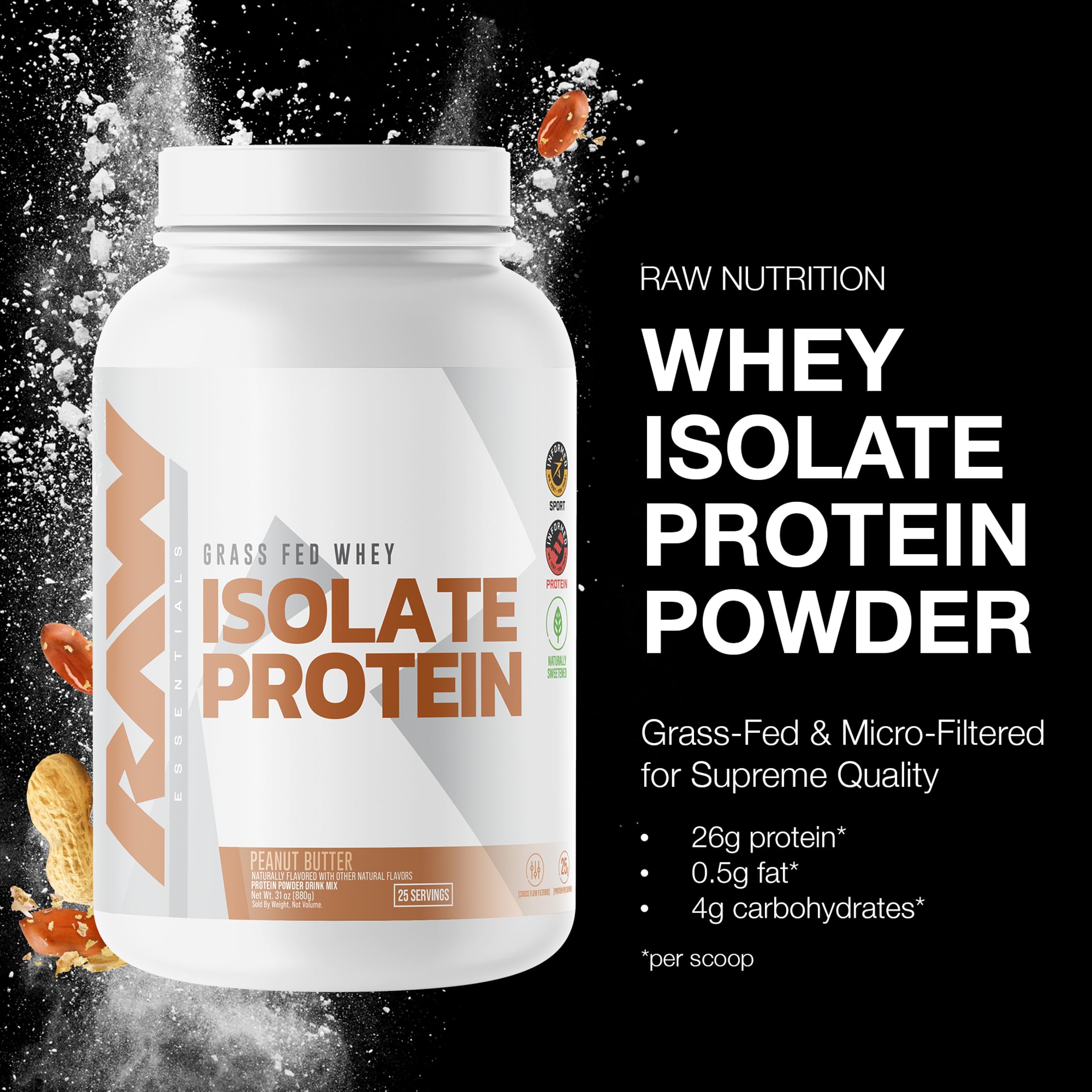 RAW Whey Isolate Peanut Butter scoop reveals convenient protein for post-workout recovery.
