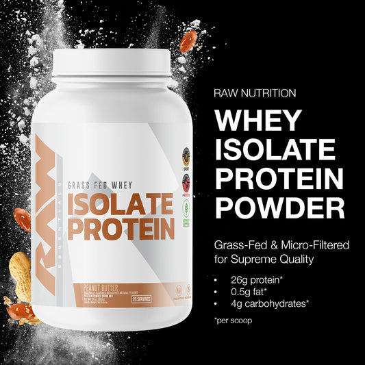 RAW Whey Isolate Peanut Butter scoop reveals convenient protein for post-workout recovery.