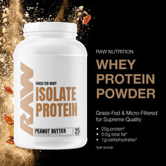 RAW Whey Isolate Peanut Butter shake in glass illustrates creamy texture.