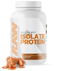 RAW Whey Isolate Salted Caramel bottle shows premium grass-fed protein for muscle support