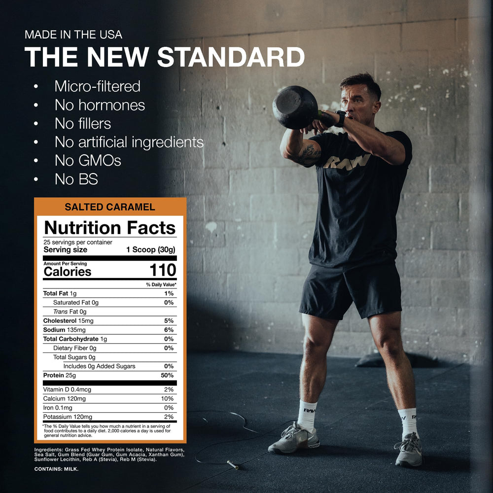 RAW Whey Isolate Salted Caramel dissolved in milk creating a creamy shake