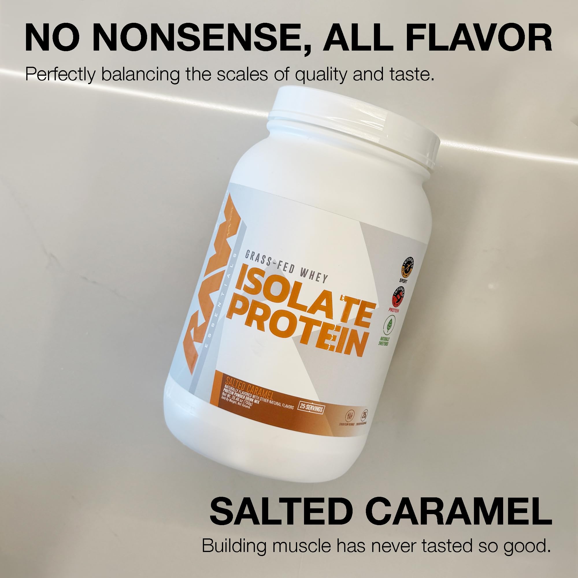 RAW Whey Isolate Salted Caramel scoop highlighting protein portion