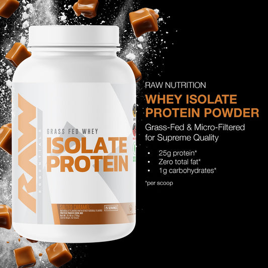 RAW Whey Isolate Salted Caramel tub with 25 servings for daily use