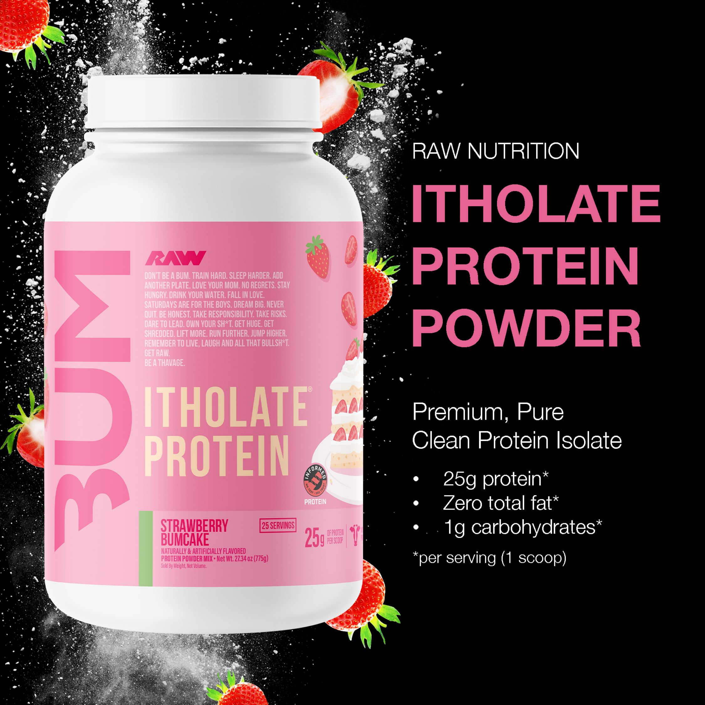 RAW Whey Isolate Strawberry BumCake scoop for convenient protein boost