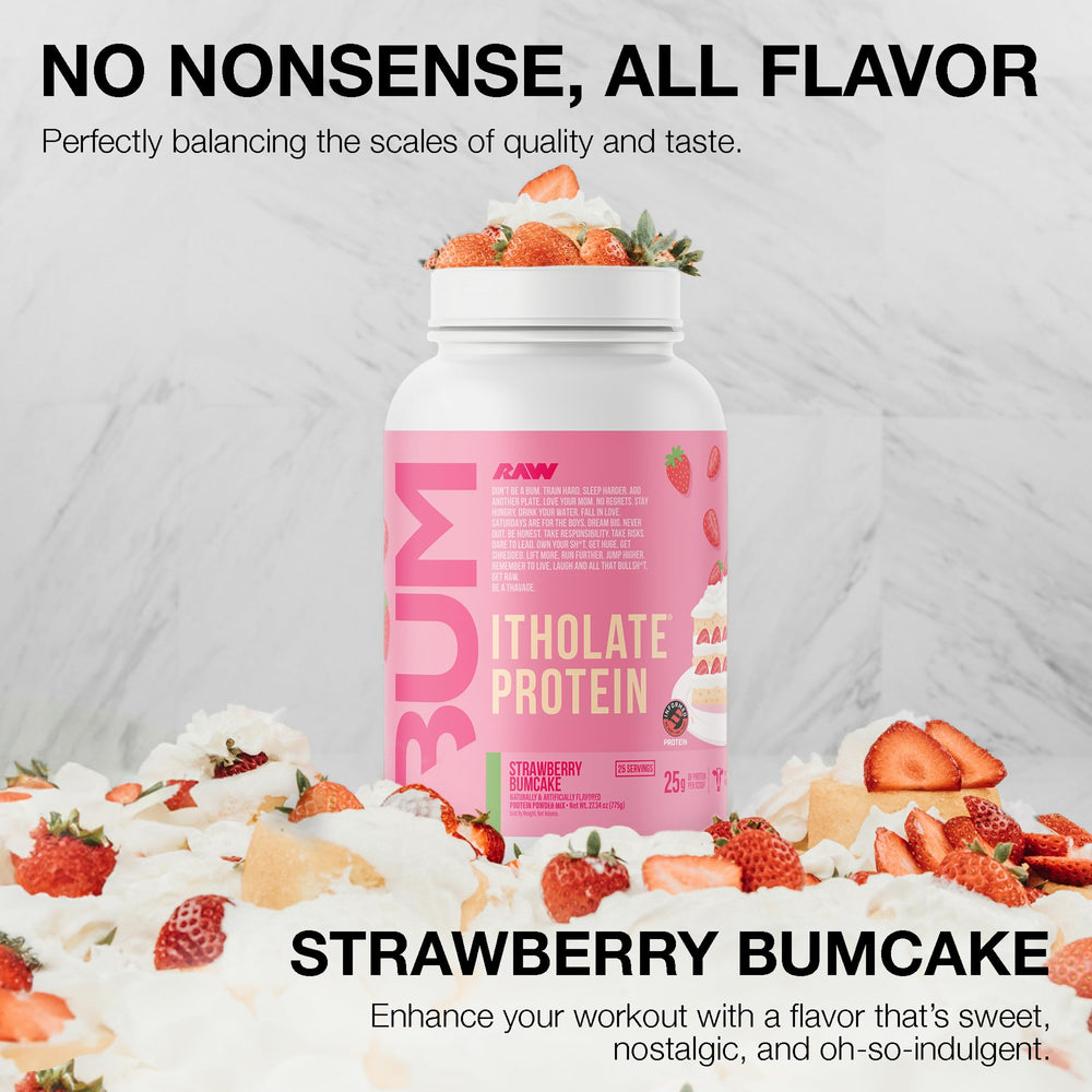 RAW Whey Isolate Strawberry BumCake shake ready to blend
