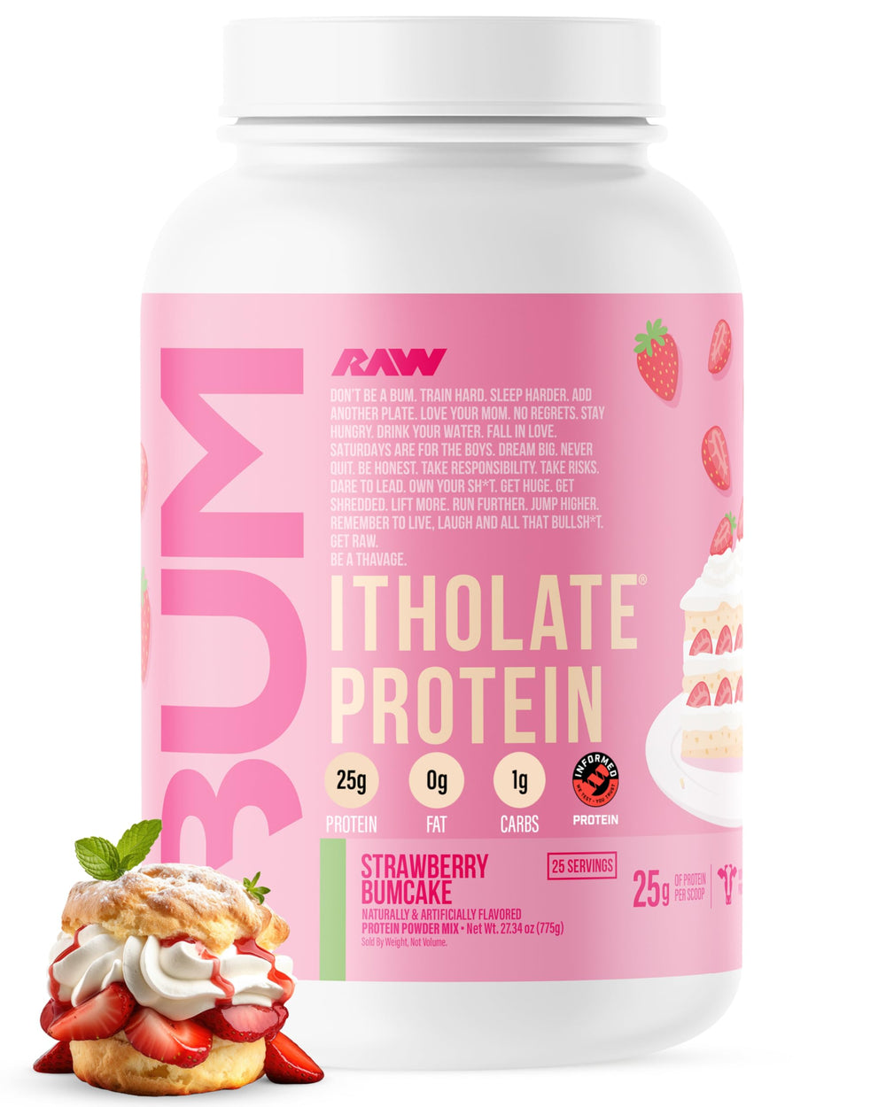 RAW Whey Isolate Strawberry BumCake tub highlighting lean muscle support