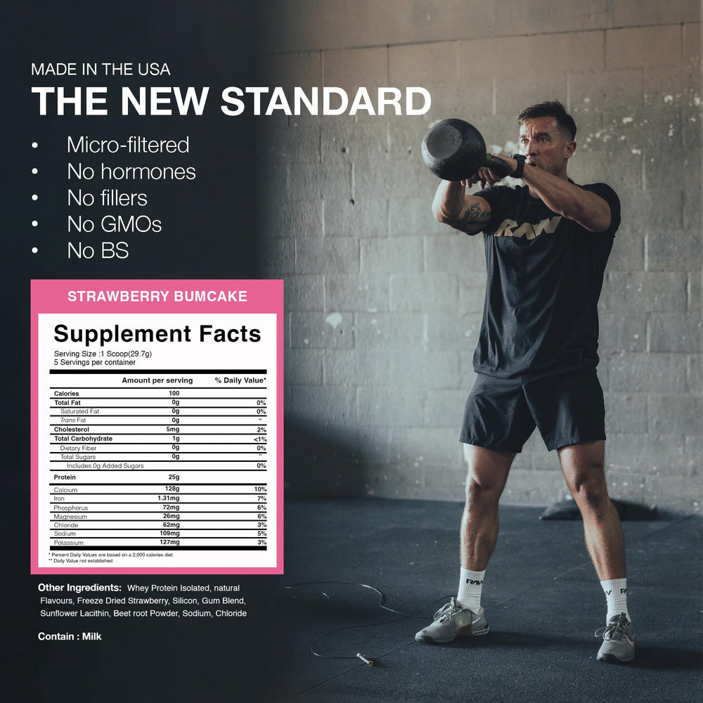 RAW Whey Isolate Strawberry BumCake USA-made label and packaging