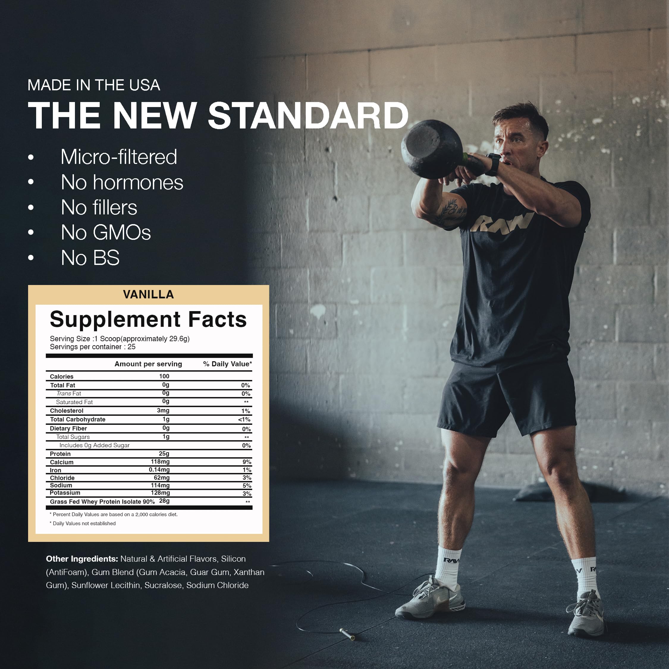RAW Whey Isolate Vanilla nutrition label conveys clean macro profile.