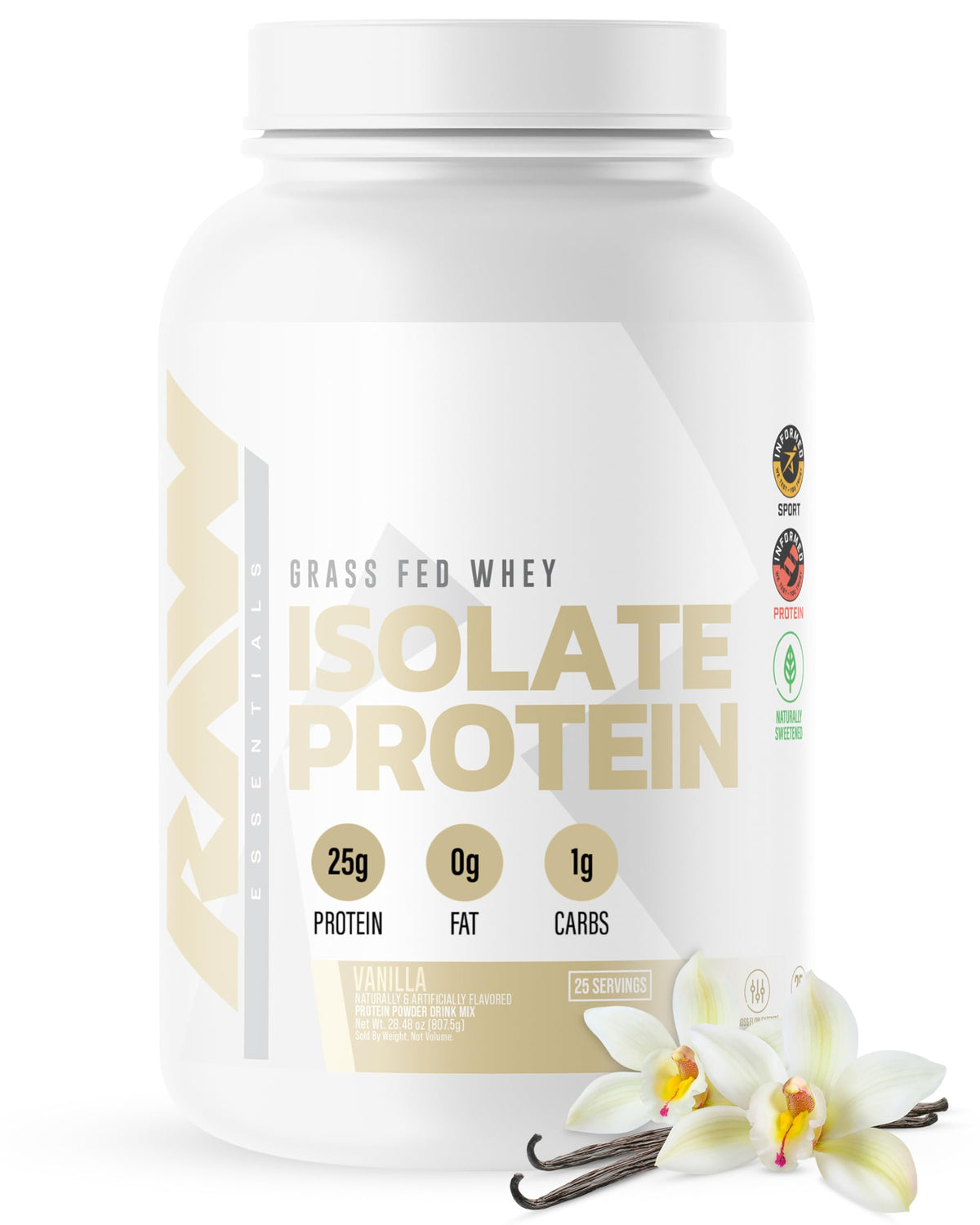 RAW Whey Isolate Vanilla powder tub shows protein-packed nutrition for workouts.